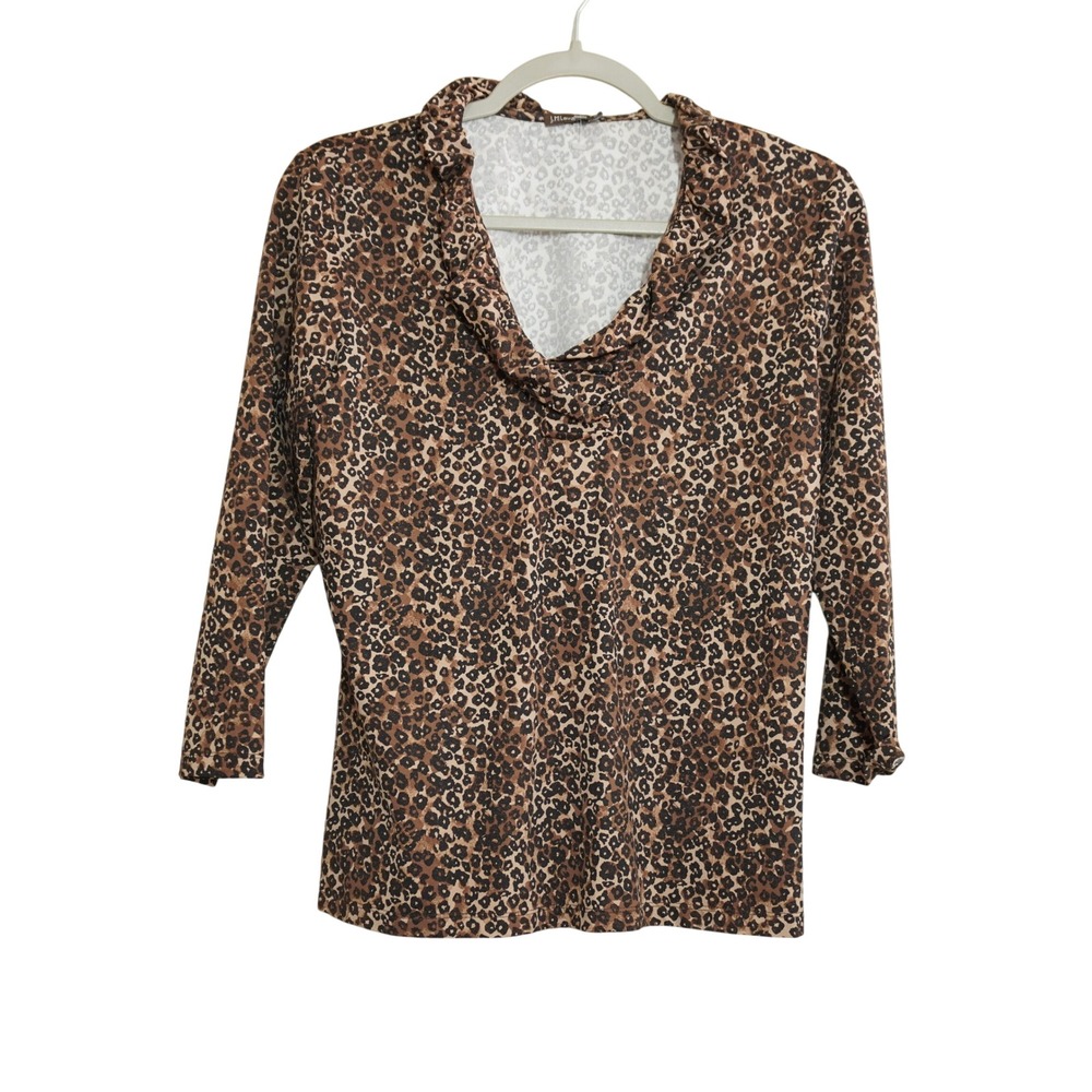 J. McLaughlin Size Medium Leopard Print Ruffle Cowl Neck 3/4 Sleeve Top Brown